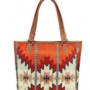 Large Leather Trim Aztec  Design Canvas Tote Bag